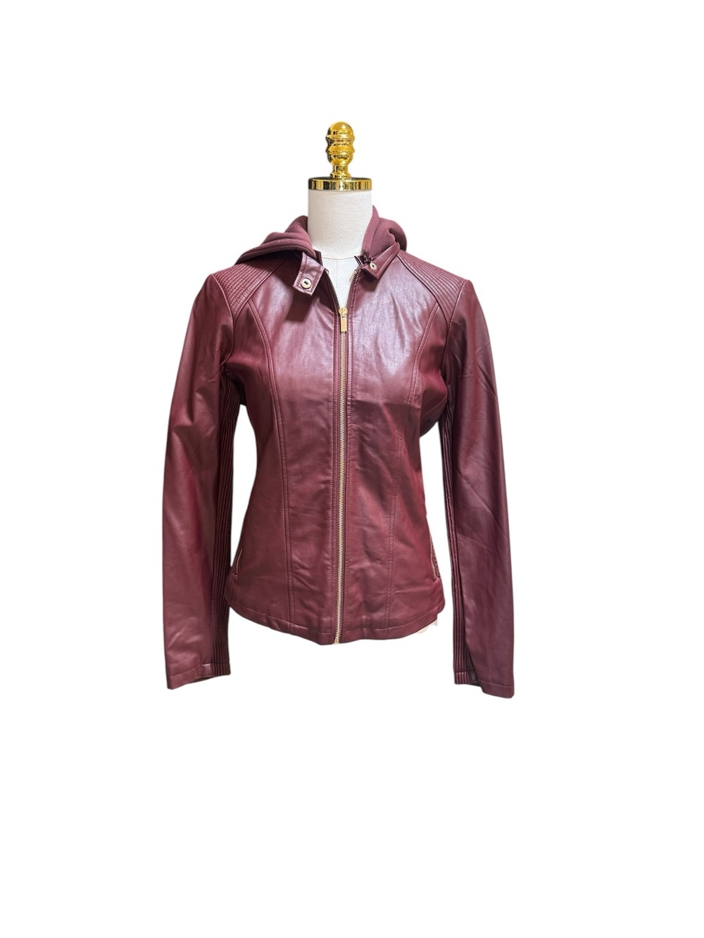 GBG Los Angeles NWT Faux Leather Hooded Moto Jacket Burgundy Women’s Large - Picture 6 of 12
